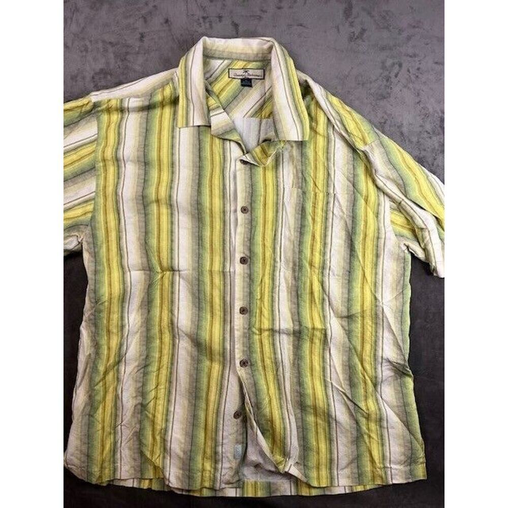 Tommy Bahama Shirt Mens XL Yellow Stripes Silk Cotton Blend Button Up